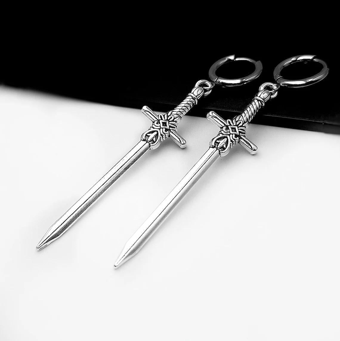 Silver Sword Earrings Unique Gothic Jewelry Gift